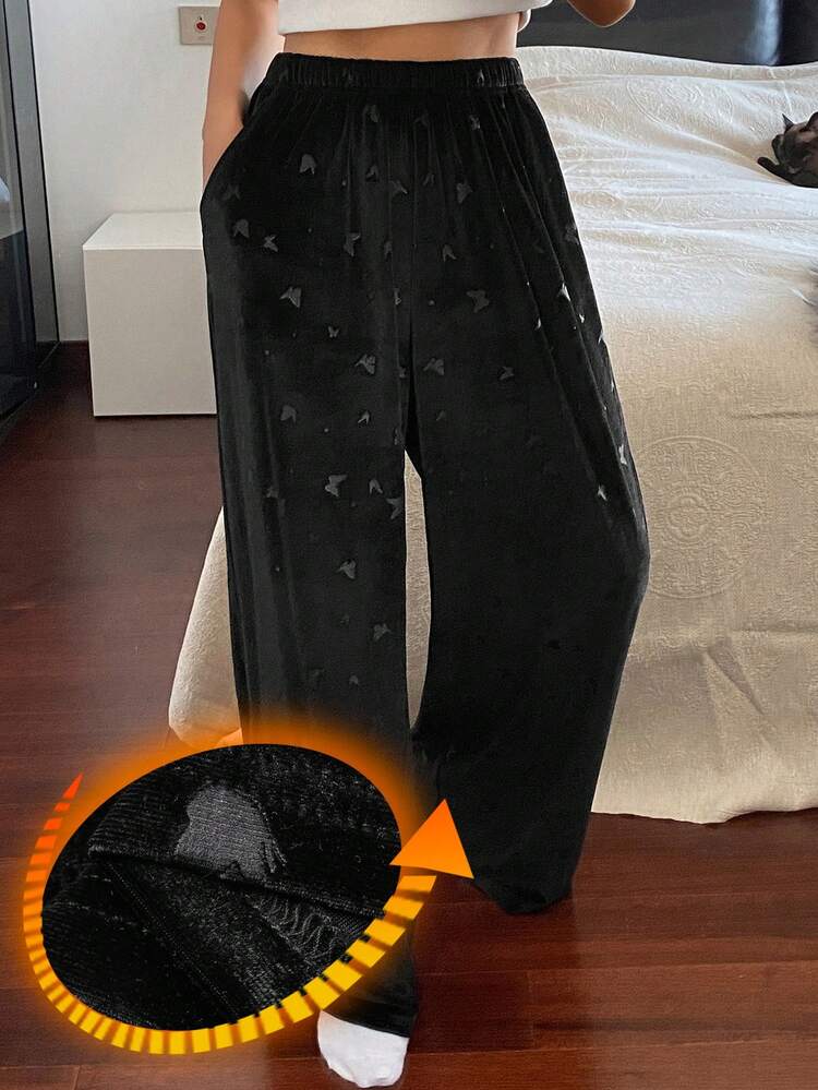 Women's Loose Fit Velvet Butterfly Pattern Pajama Bottoms, Autumn/Winter