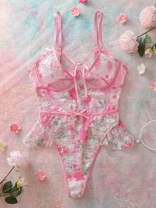 FloralLove Body transparente con estampado floral y calado para mujer - Rosa - Ver 4