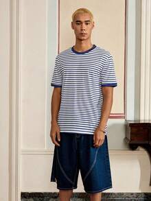SWAVVY Men's Striped Print Crew Neck Casual Versatile Summer Short Sleeve T-Shirt - Multicolor - View 3