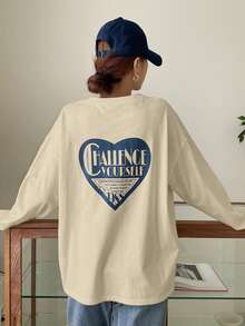 FRIFUL Women's Slogan & Heart Print Round Neck Dropped Shoulder Long Sleeve Casual Loose T-Shirt Graphic Tee - Apricot - View 4