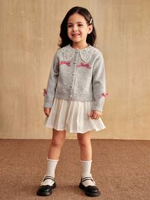 SHEIN Young Girl Cute Gray Cardigan Knit Sweater With Floral Lace Collar, Patchwork Long Sleeve, Bow Button Front Girl Cardigan Sweater Lace Collar Cardigan Fall Winter - Light Grey - View 6