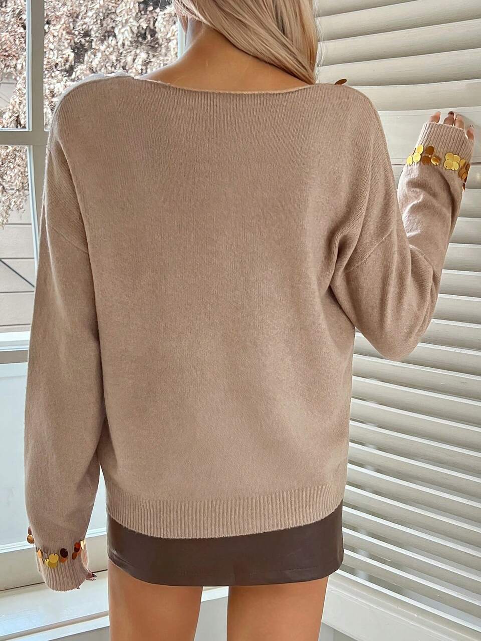 Women's Elegant Sequin V-Neck Sweater, Autumn