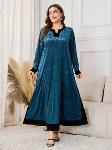 Lacomfia 复古蓝色提花撞色连衣裙，女士长袖V领宽松显瘦大码优雅长裙 - 藍色 - 查看 6