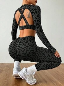 Dewbera Bộ đồ thể thao nữ tay dài hở lưng họa tiết da báo và quần bó - màu đen - Xem 2