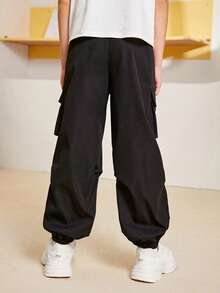 SHEIN 青少年男孩宽松纯色抽绳腰运动裤 - 黑色 - 查看 4