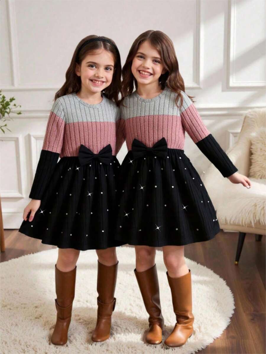 Young Girls' Colorblock Crew Neck Long Sleeve Rhinestone Bow Decor Casual Dress, Suitable For Everyday Wear, Spring/Autumn - Multicolor - View 1