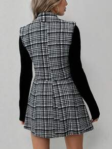 Elyressa Bộ vest thanh lịch cổ ve kẻ caro hai hàng khuy không tay và chân váy midi cho nữ mùa thu - Xám - Xem 2