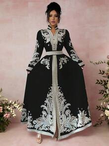 Rafferiza 复古花卉印花 V 领灯笼袖荷叶边下摆连衣裙，适合女士度假和宫廷风格 - 黑色 - 查看 3