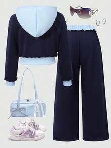 SHEIN 女童字母印花连帽棒球夹克和休闲运动裤套装 - 彩色 - 查看 2