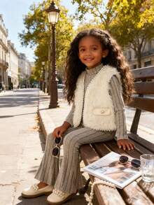 Trzyczęściowy strój dla młodej dziewczyny: beżowa, puszysta kamizelka, szary golf i rozszerzane spodnie. Kamizelka ma kieszenie i guziki w stylu vintage, sweter jest dopasowany, a spodnie mają zabawny, rozszerzany krój. Ten przytulny, a zarazem stylowy zestaw idealnie sprawdzi się na niezobowiązujące wyjścia, spotkania i nie tylko w sezonie jesienno-zimowym. - Biały - Zobacz 6