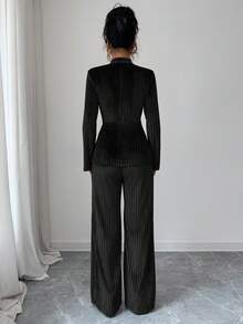 Elenzga New Elegant V-Neck Twist Waist Long Sleeve Top And Flare Leg Pants Set - Black - View 2