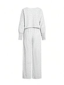 SHEIN 2 件套女士纯色圆领短款连帽衫和宽松抽绳腰直腿运动裤套装 - 淺灰色 - 查看 2