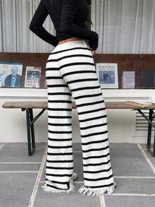 SHEIN EZwear 女式黑白条纹流苏下摆针织裤 - 黑與白 - 查看 2