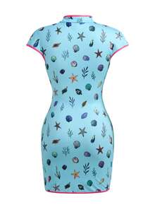 Y2Kool Maria Clara Maia Blue & Pink Contrast Hollow Sexy Ocean Elements Shell Starfish Oriental Elements New Chinese Style Cheongsam Bodycon Mini Dress, Suitable For Autumn/Winter Party, Daily Wear - Blue - View 5