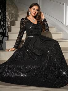 Clasi Vestido elegante de encaje y parches para fiesta de talla grande - Negro - Ver 6