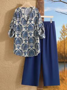 EMERY ROSE Plus Size Women's Floral Print Long Sleeve Shirt And Linen Color Pants 2-Piece Set, Casual Country Style For Vacation, Autumn Winter Clothes For Women Country Style For Women Country Concert Outfit - Multicolor - View 9