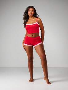 MISSGUIDED Ribbed Pajama Set With Lace Trim Camisole And Shorts Loungewear Sleepwear - Red - View 3