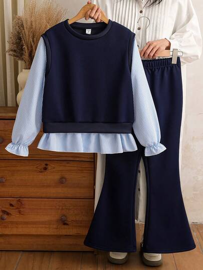 SHEIN Conjunto de blusa de punto de manga larga y pantalones acampanados informales de estilo coreano para niñas, camisa dulce, nueva colección primavera/otoño 2 en 1 con chaleco y pantalones