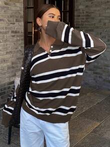 DAZY Áo len dài tay cổ tròn kẻ sọc đỏ Giáng sinh dành cho nữ - màu nâu - Xem 1