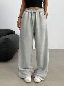 SHEIN 青少年女孩休闲宽松低腰松紧腰带阔腿运动裤，适合春夏秋冬 - 灰色 - 查看 5