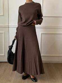 DAZY Women Solid Color Crew Neck Long Sleeve Top And Pleated Skirt Sweater Set - Coffee Brown - View 5