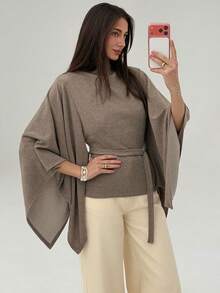 Aloruh Women's Solid Color Stand Collar Flare Sleeve Belted Casual Fashionable Top Fall Autumn Winter Top, A Versatile Autumn/Winter Style - Apricot - View 4