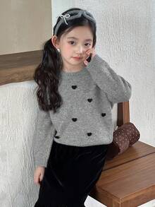DAZY Young Girls Round Neck Heart Print Short Sleeve Sweater, Autumn/Winter - Grey - View 7