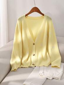 CosyJoli Plus Size Casual Heart Embroidered Cardigan Sweater/Winter - Yellow - View 1