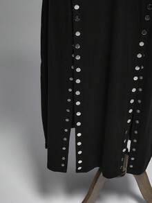 ROMWE Goth 大码哥特朋克风格黑色长裙，秋冬女式大码长裙，金属铆钉侧开衩连衣裙 - 黑色 - 查看 5