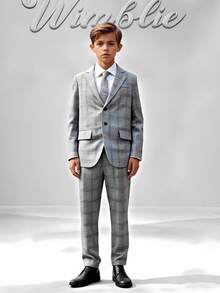 SHEIN 青少年男童绅士两件套：格子长袖西装外套+长裤，不含衬衫和配饰，适合生日派对、庆典、婚礼、洗礼、周年纪念等正式场合。