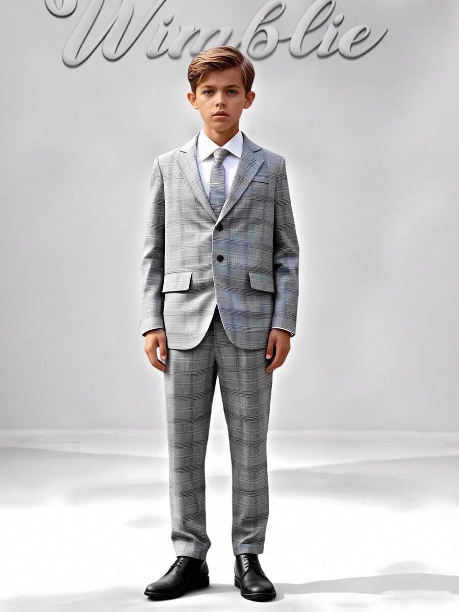 SHEIN 青少年男童绅士两件套：格子长袖西装外套+长裤，不含衬衫和配饰，适合生日派对、庆典、婚礼、洗礼、周年纪念等正式场合。