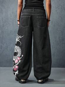 ROMWE MEN Anime Men's Fashion Street Dragon & Sakura Print Loose Wide Leg Flared Jeans, Belt Not Included - Black - View 3