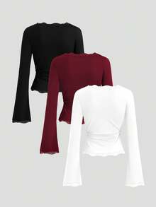 Sweetra 女士复古法式修身喇叭袖蕾丝领休闲T恤套装，秋季 - 彩色 - 查看 2