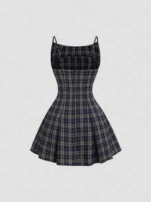 Sweetra 优雅格纹印花修身无袖迷你连衣裙 - 墨綠色 - 查看 2