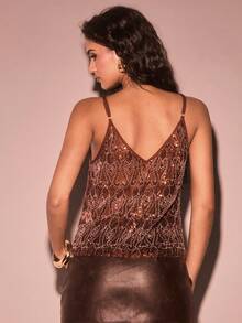 SHEIN PETITE 女士时尚派对亮片网纱吊带背心 - 咖啡棕 - 查看 4