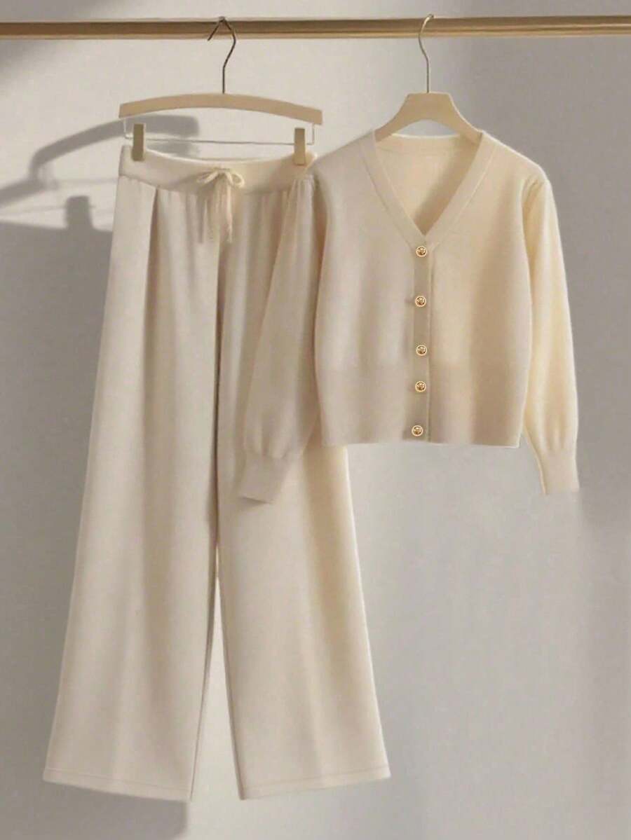 Franclia 2 件套女士休闲宽松针织毛衣和裤子家居服套装，舒适简约的设计 - 卡其色 - 查看 1