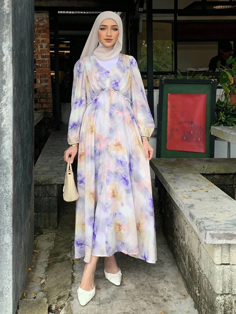 Women's V-Neck Ombre Chiffon Mid-Length Dress, Allover Print, Summer Modest Fashion Boho