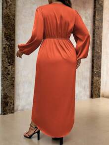 Roveilla Plus Size Solid Color V-Neck Wrapped Ruched Elegant Long Sleeve Dress Maxi Women Outfit - Orange - View 2