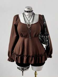 Sunspun 大码女式复古自然风军绿色长袖衬衫 - 軍綠色 - 查看 4