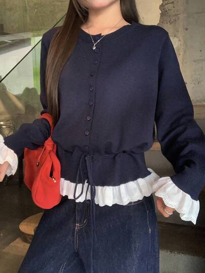 DAZY 女款拼布撞色荷叶边拼接长袖圆领抽绳系带休闲毛衣，秋冬