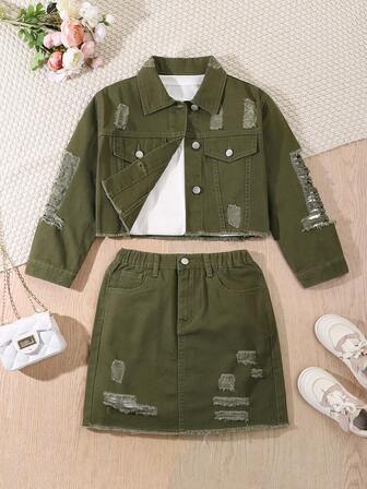 少女Y2K可爱粉色休闲做旧短款外套和抽绳腰牛仔迷你裙两件套