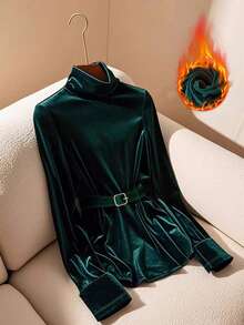 GlowEve Women's Fashion Mock Neck Elegant Belted Long Sleeve T-Shirt, Suitable For Commuting, Christmas, Back To School Season, Velvet, Casual Everyday Wear - Green - View 6