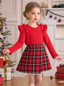 2 件年轻女孩长袖罗纹针织上衣 + 格子裙裤套装，复古韩式休闲优雅圆领 T 恤搭配 A 字裙裤，适合春秋季 - 紅色 - 查看 1