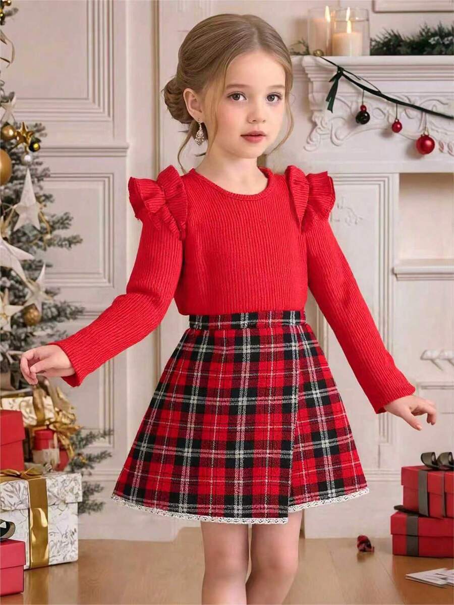 2 件年轻女孩长袖罗纹针织上衣 + 格子裙裤套装,复古韩式休闲优雅圆领 T 恤搭配 A 字裙裤,适合春秋季 - 紅色 - 查看 1