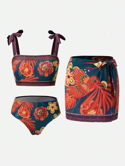 Swim Oasis 女士波西米亚风鹦鹉印花优雅度假风露背上衣、高腰系带裹身裙三件套，橙色多色
