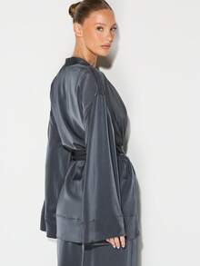 KIZN Luxurious Satin Lounge Robe With Belt Tie Kimono Style Sleepwear Pajama Robe For Home Relaxation - Black - View 2