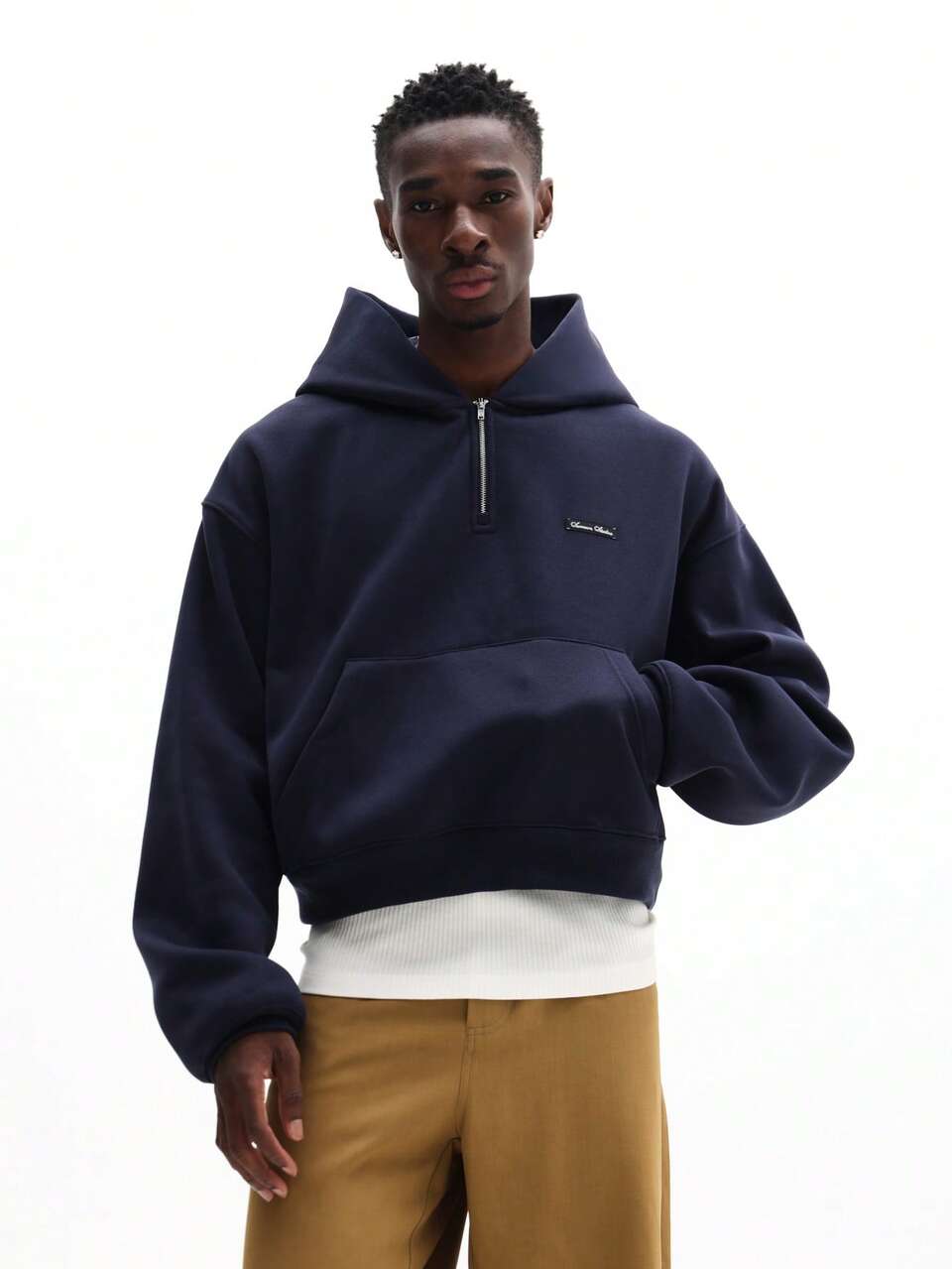 SUMWON Boxy Fit Men's Quarter Zip Overhead Hoodie With Drawstring And Centre Pocket Pullover Sweatshirt For Casual Wear Plain