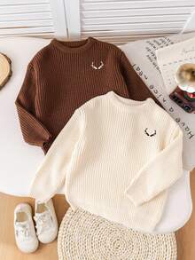 SHEIN 2pcs Young Boys' Brown & Khaki Textured Loose Fit Pullover Sweaters, Versatile For Back To School, Thanksgiving, Christmas, Winter, Cozy Fall & Winter Styles, Long Sleeve Tops - Apricot - View 3