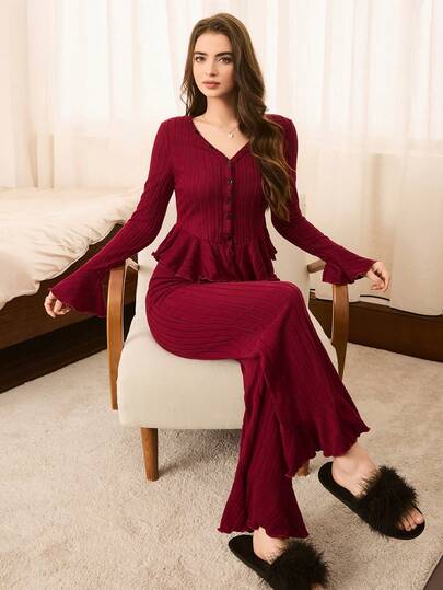 Moireta Elegante Mature Asymmetric Ruffle Patchwork Thickened Brushed Ribbed Button Neck Long Flare Sleeve Com Tafel Bordeaux Pajama Set