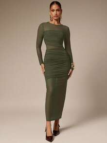 Silquee Vestido ajustado de fiesta elegante de mujer de unicolor con malla fruncida - Verde militar - Ver 4